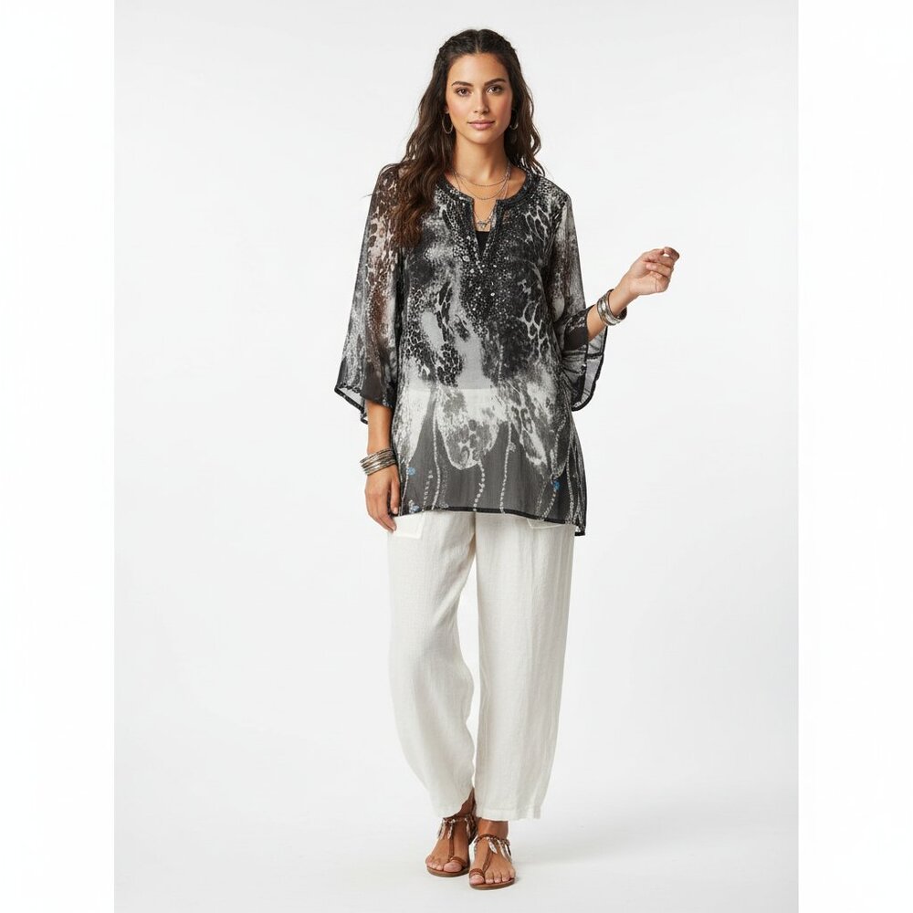 Black Saks Fifth Avenue Womens Printed Keyhole Neck Tunic Blouse‎ Size Medium